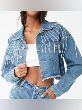 Forever 21 Light Blue Cropped Denim Jacket with Rhinestone Fringe